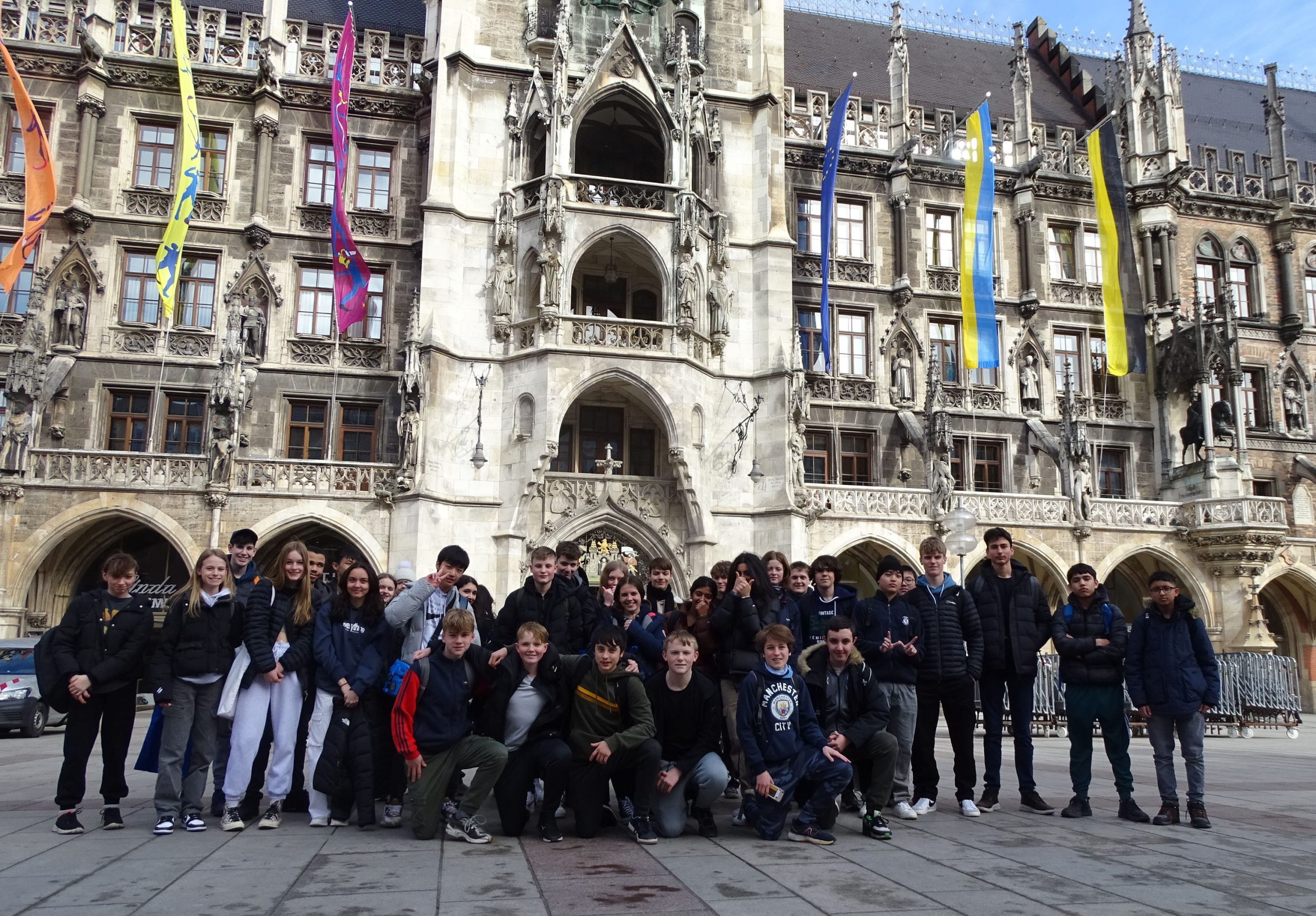 Pupils stopped in Munich’s main square, Marienplatz, during their trip to the German city