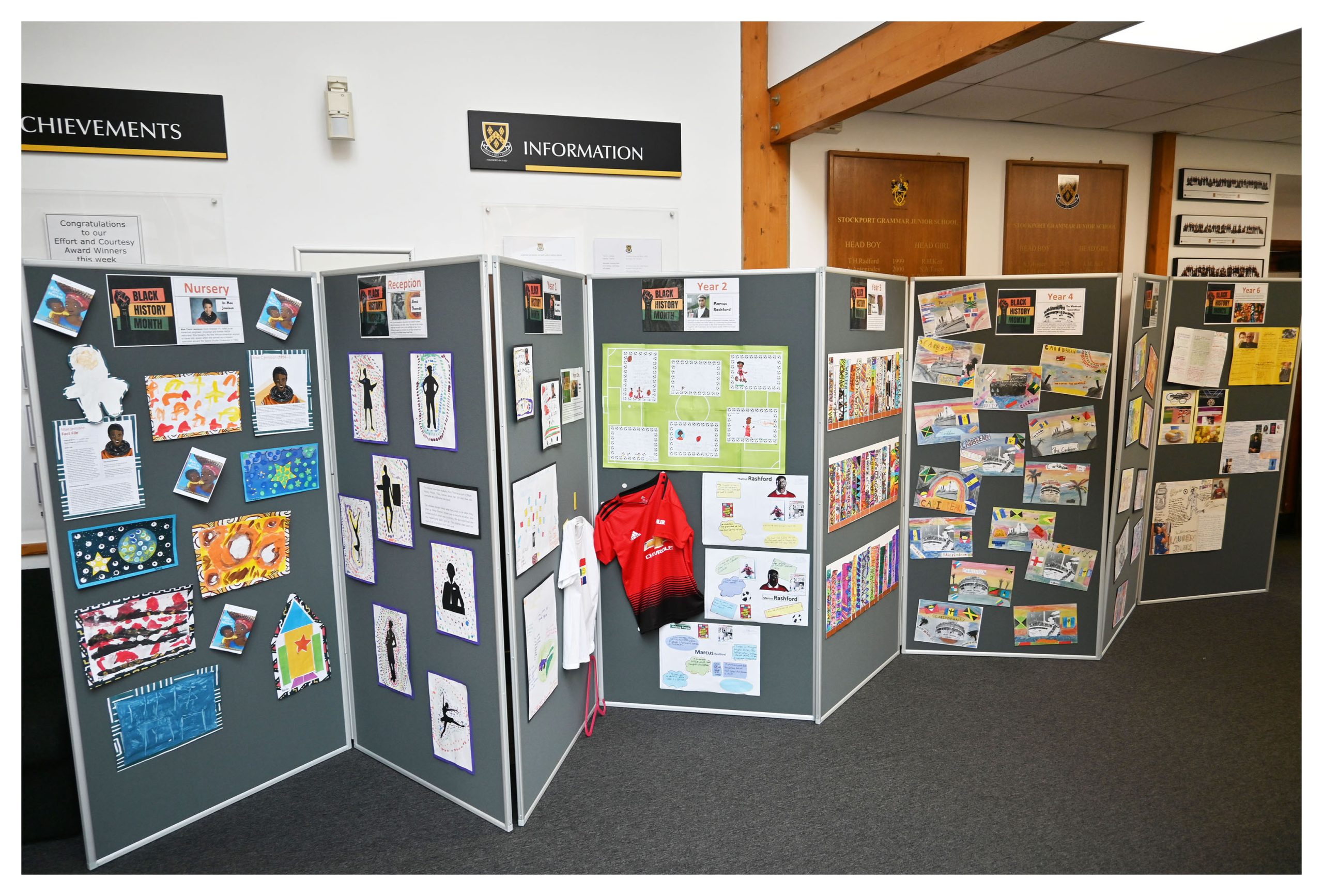 Display boards in the reception of the Junior School for Black History Month 2023