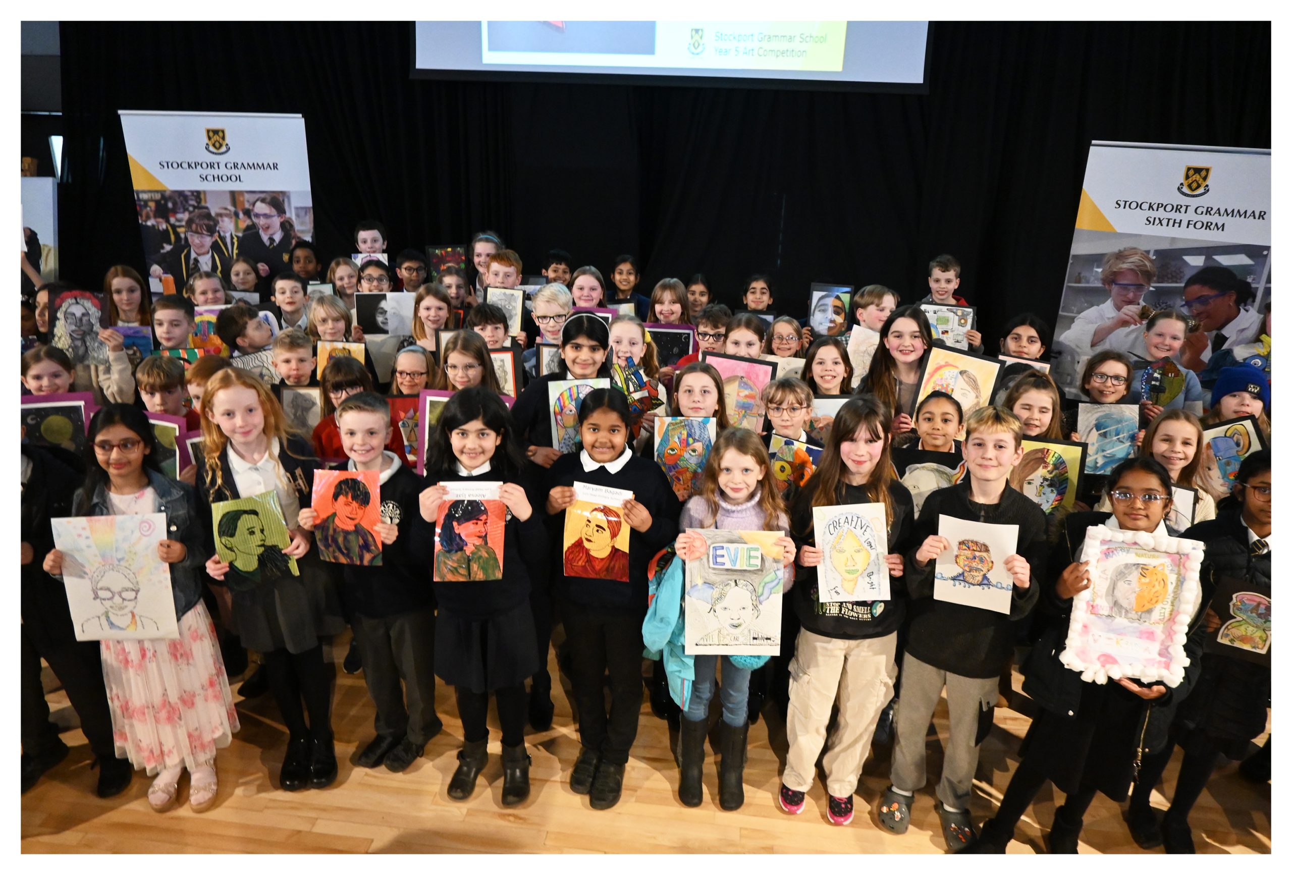 Pupils from local primary schools with their entries for the 2024 Year 5 Art Competition